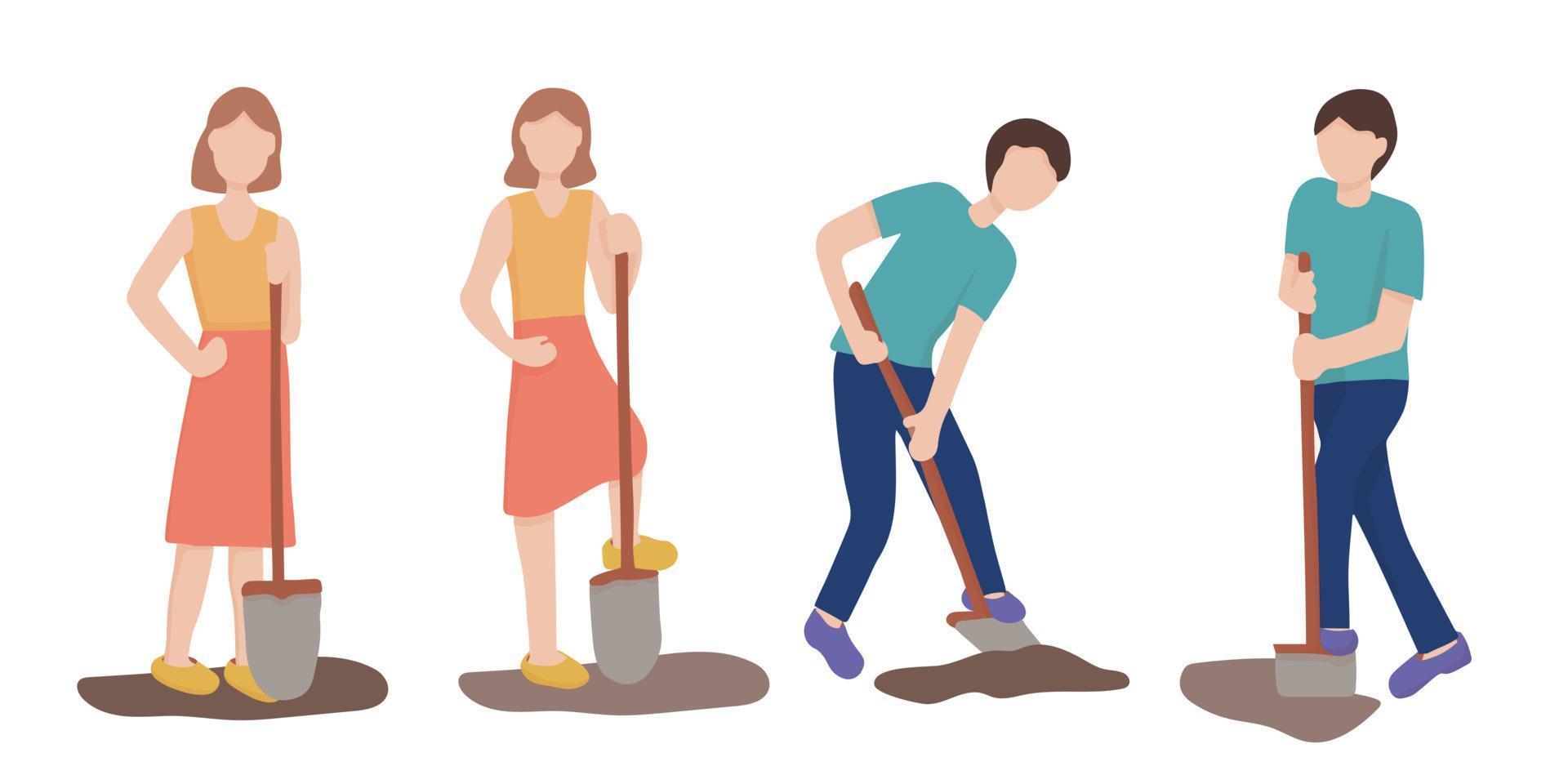 A set of characters with a shovel. Man digging the ground, agricultural and farm work in the vegetable garden. Gardening season, working the land for the harvest. vector