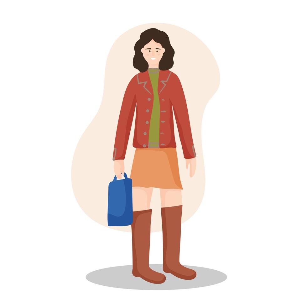 retrato de una joven elegante con ropa informal. moda callejera. chica moderna en un paseo, ocupándose de sus asuntos. vector