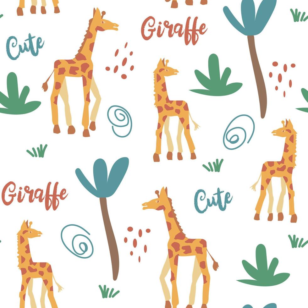 Seamless vector pattern of abstract animals, palm trees and shapes. Silhouettes of giraffes