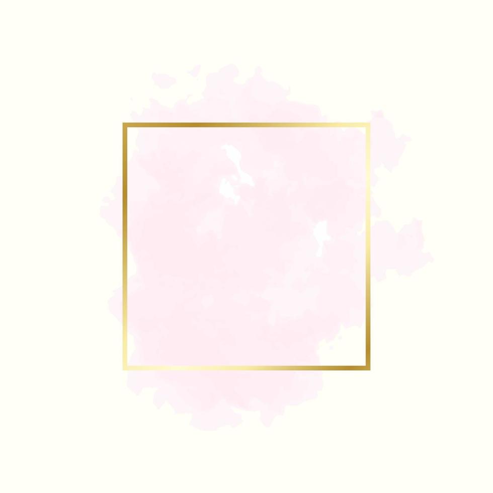 pincel de color de agua rosa abstracto con marco geométrico rectangular color dorado, concepto de fondo de belleza y moda vector