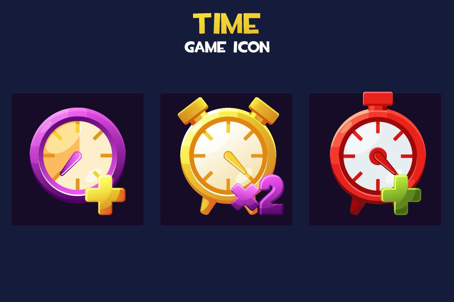 Clock game time icons, golden, watch for gui. Vector illustration set of round clock bonuses for game design.