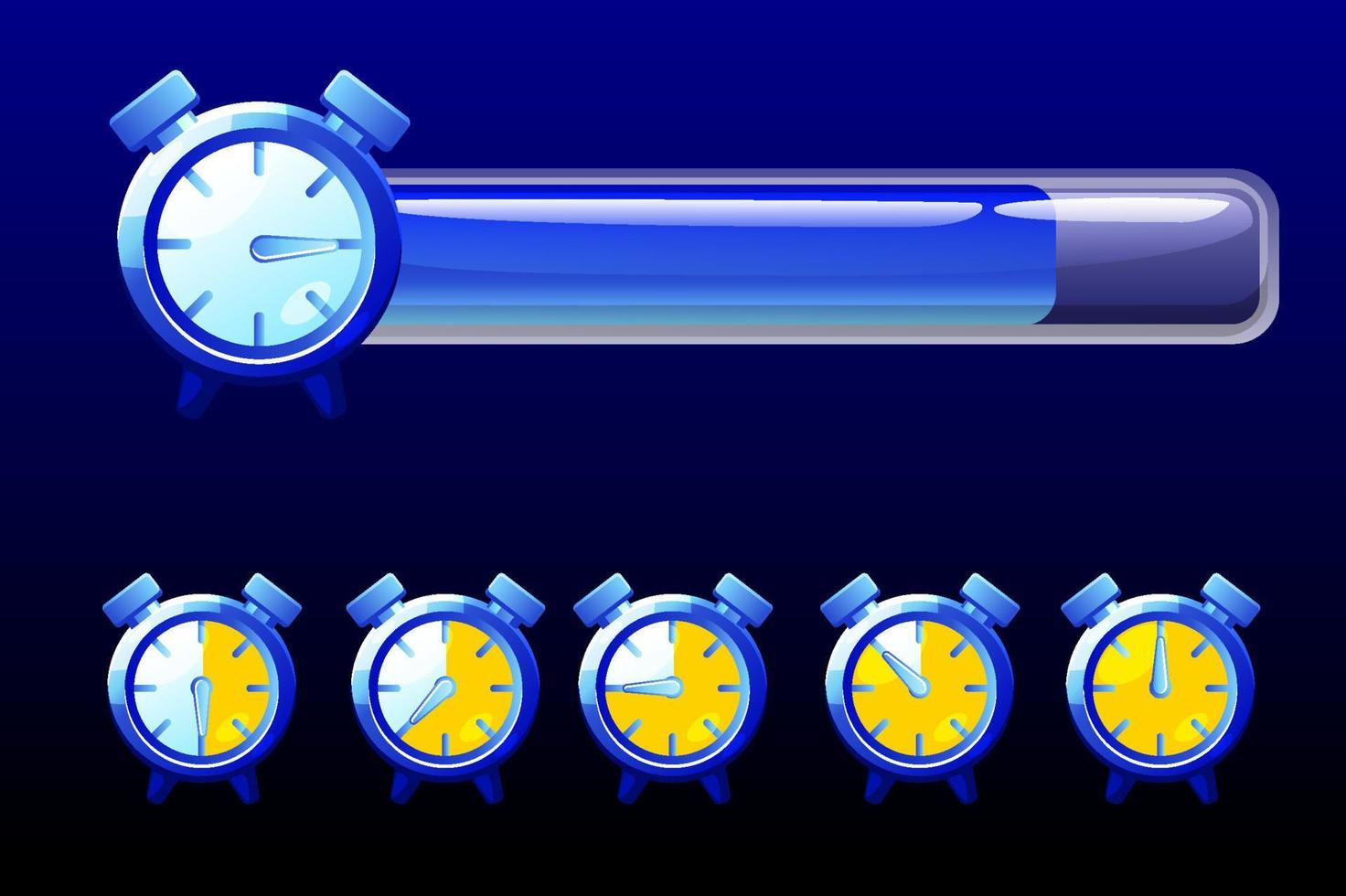 Time line bar, blue clock icons for game. Vector illustration set blue watch line indicator for GUI.