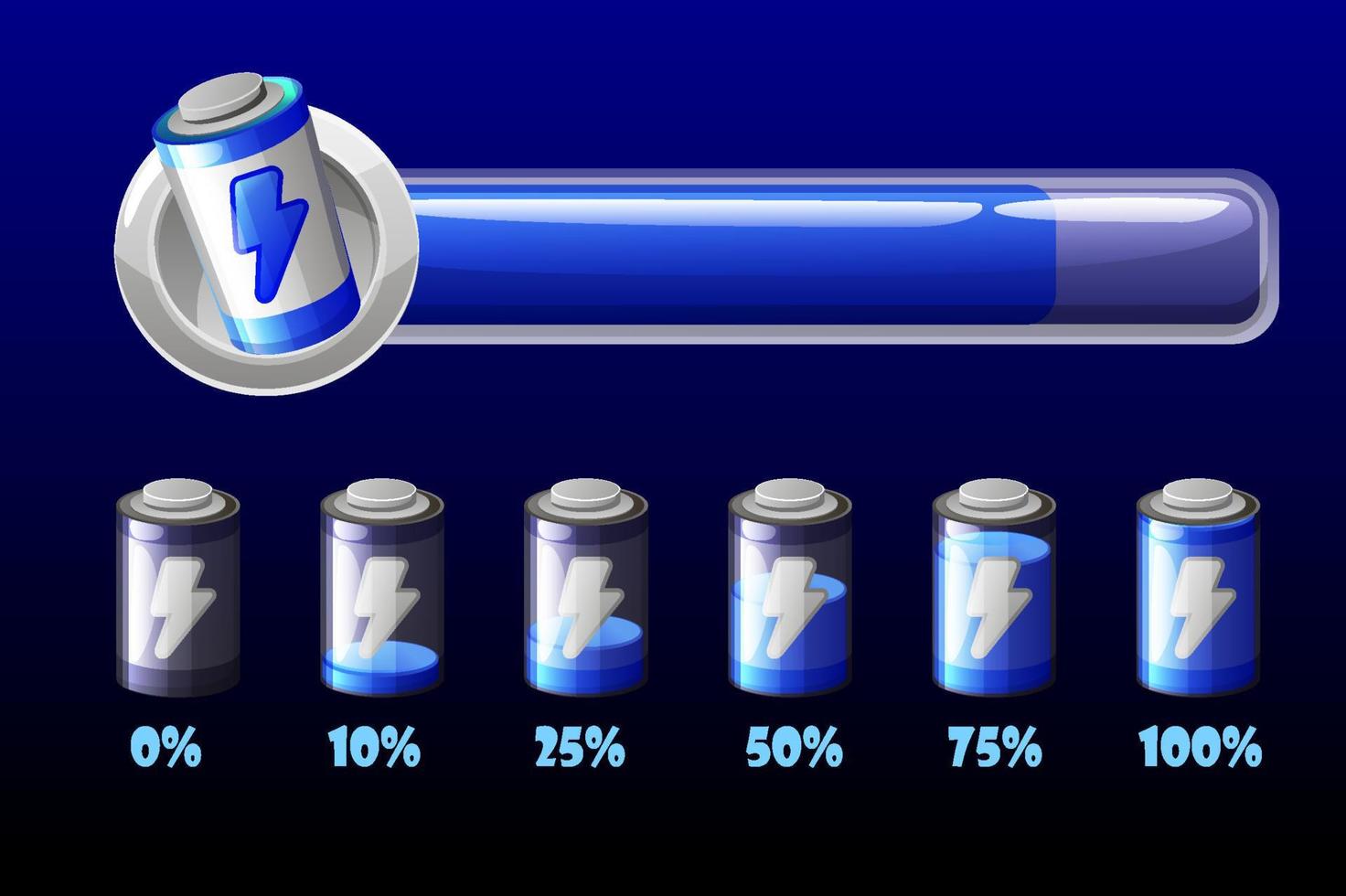 barra de energía de línea de batería, iconos plateados para el juego. ilustración vectorial establecer línea de carga azul con porcentaje para gui. vector