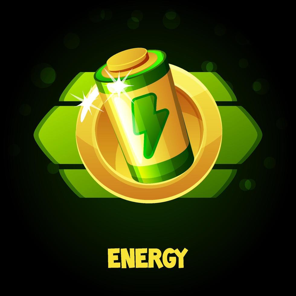 Cartoon golden energy battery in a frame for the game. Vector illustration charge game green prize icon for graphic design.