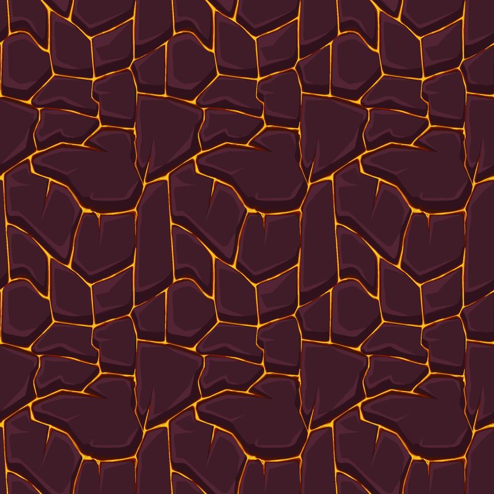 Seamless lava or fire pattern with stones for graphic design. Vector illustration textural background with orange lava for wallpaper.