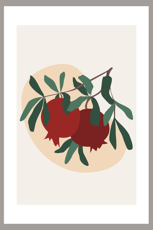 Pomegranate on a branch with leaves. Template with abstract composition of simple shapes and fruits. Minimalism vector