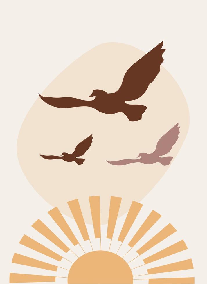 amanecer y pájaros vuelan en el cielo. símbolo de paz, armonía y libertad. plantilla con composición abstracta. minimalismo, estilo boho vector