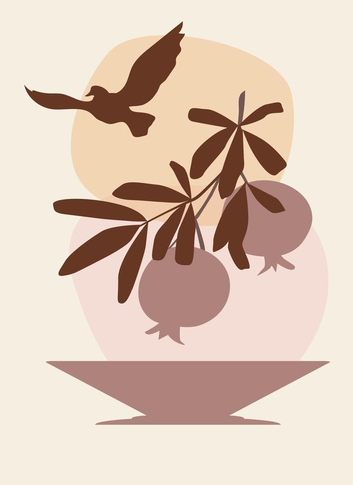 Abstract botanical wall art. pomegranate branch above vase. flying bird in the sky. symbol of peace. on the background of simple geometric shapes. vector
