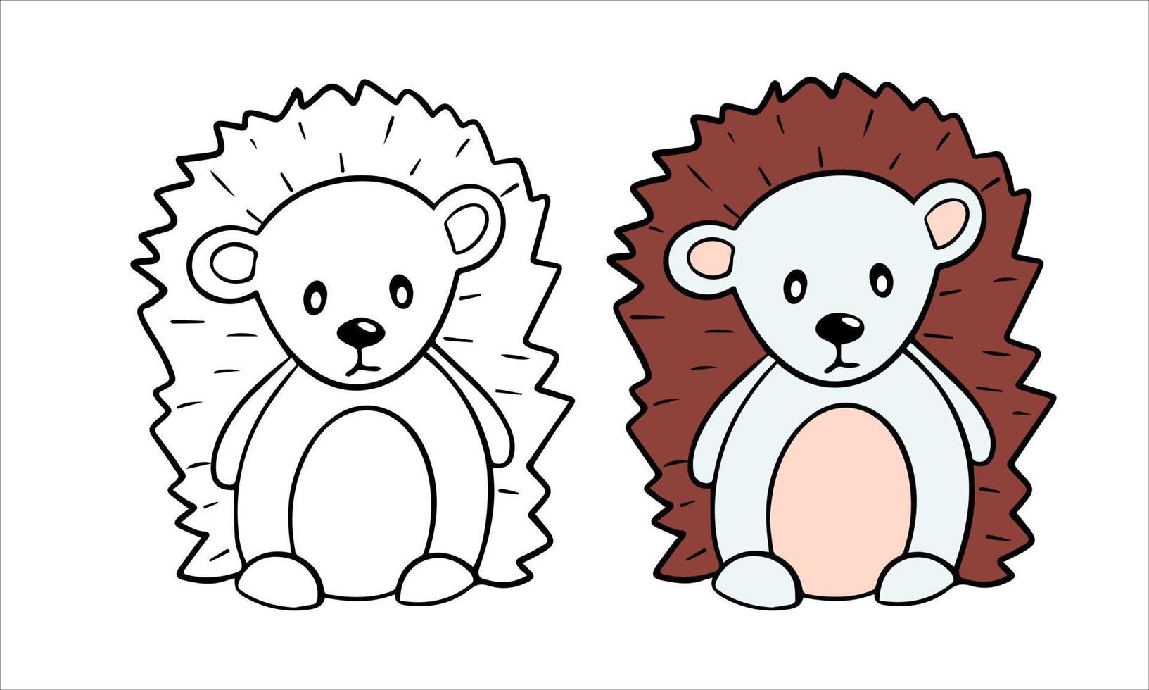 Vector coloring page cartoon character for children. Cute hedgehog. Line art and beast in color for example. Learning to drawing