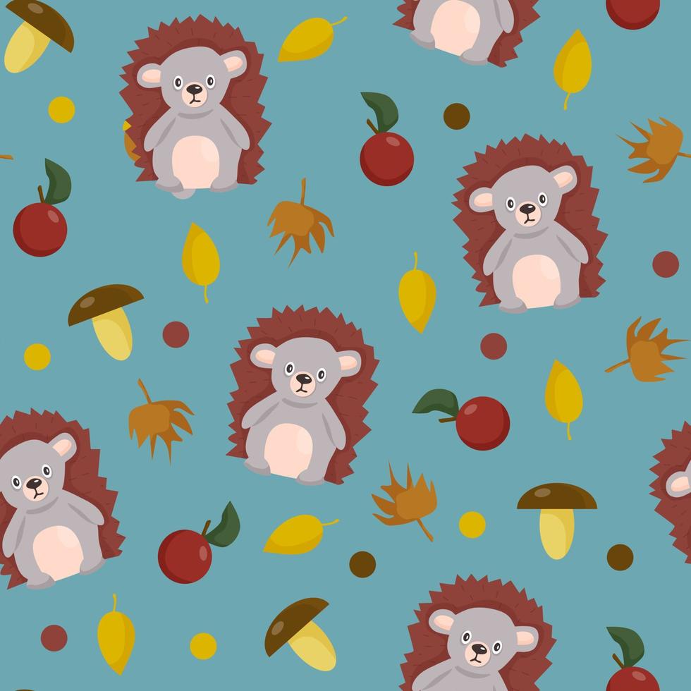 Seamless pattern with animals. Cute hedgehog with botanical elements of apples, mushrooms and leaves vector