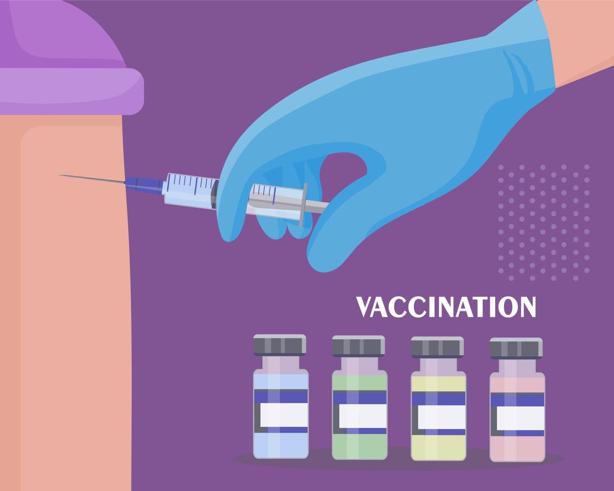 Conducting regular vaccinations against various diseases and the coronavirus KOVID-19. The doctor injects a dose of vaccine into the patient's arm. Antiviral shot. Safe protection against viruses vector