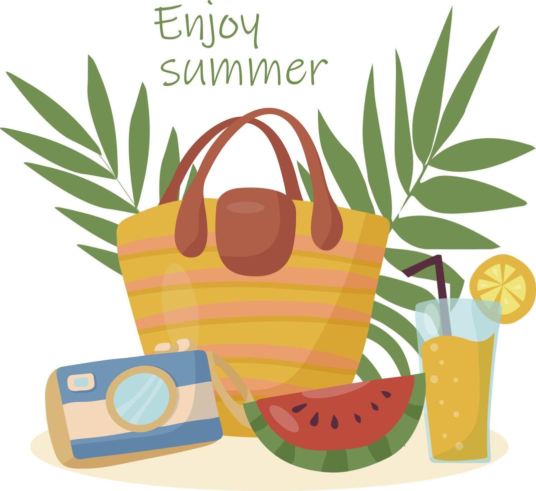 Enjoy the summer time. Set with things for a beach party with a fruity cocktail Against a background of palm leaves vector