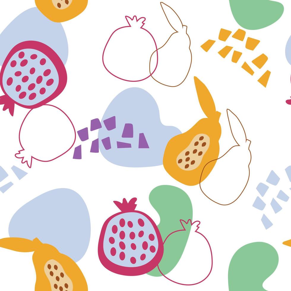 Abstract seamless drawing. Hand-drawn fruit in a simple shape. Fresh pomegranate , papaya and avacado. Pieces of colored paper arranged chaotically. vector