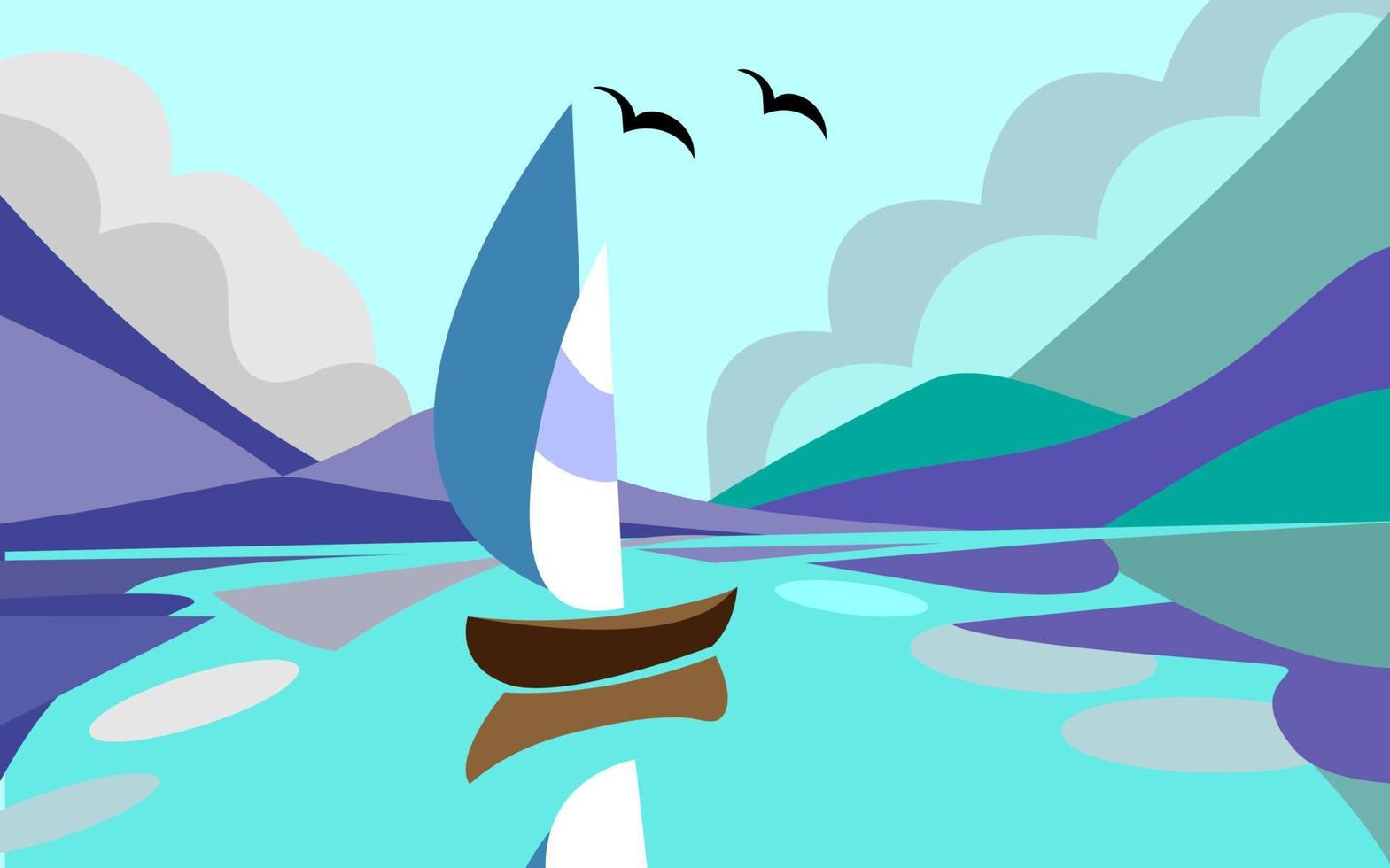 Vector illustration of sea landscape in flat design. Sailing boat at sea, with reflection on the water. Against the backdrop of mountains, clouds and seagulls