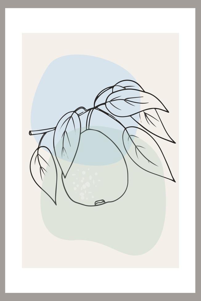 Pears on a branch with leaves. Template with abstract composition, linear fruit art vector