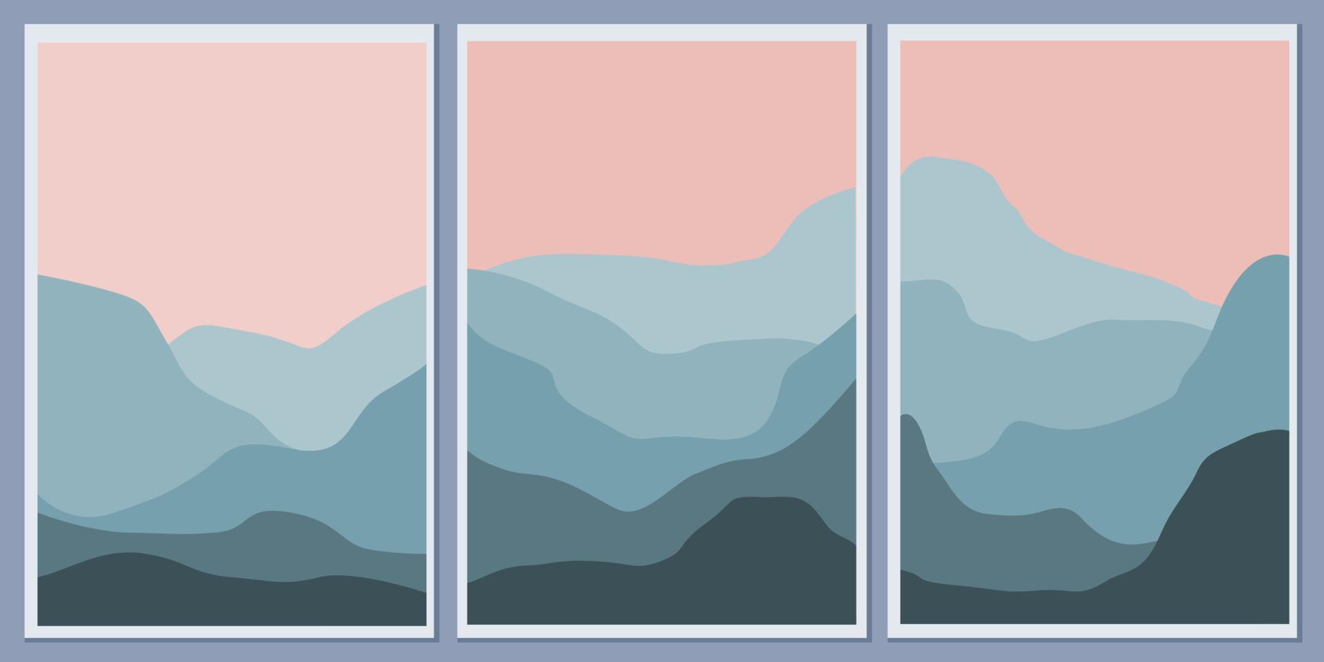 A set of minimalistic monochrome landscapes. Abstract mountains for a stylish background. Poster in fashionable colors vector