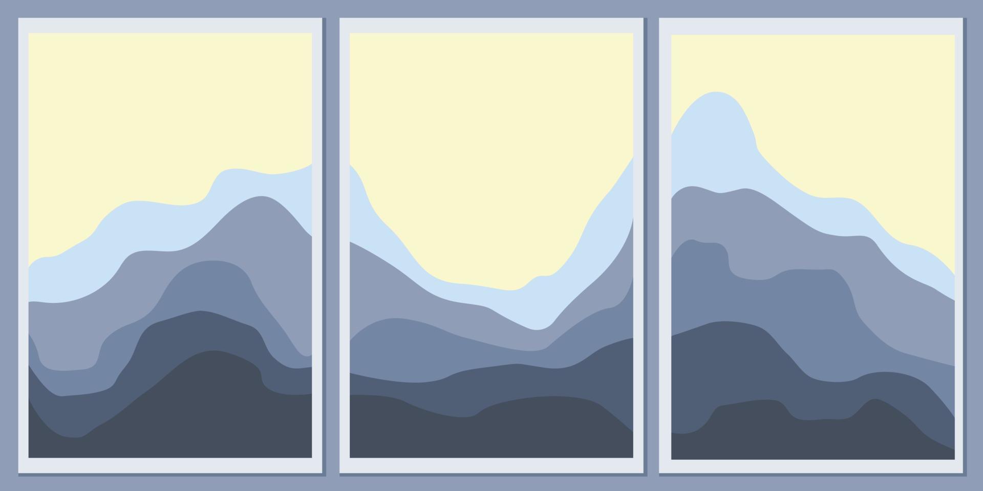 A set of minimalistic monochrome landscapes. Abstract mountains for a stylish background. Poster in fashionable colors vector