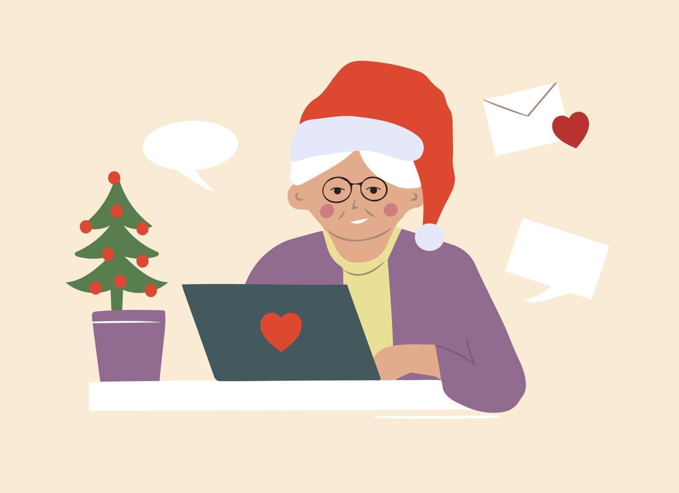 An elderly grandmother in a Santa Claus hat writes Christmas greeting messages online. Communication over the Internet at a distance vector