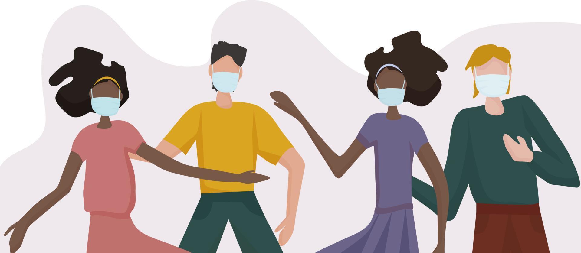 people in medical masks. Despite the danger of getting infected with the virus, people live ordinary lives, they have fun, dance and celebrate. But they always think about their protection vector