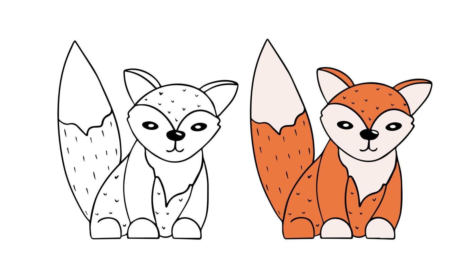 Vector coloring page cartoon character for children. Cute little fox. Line art and beast in color for example. Learning to draw