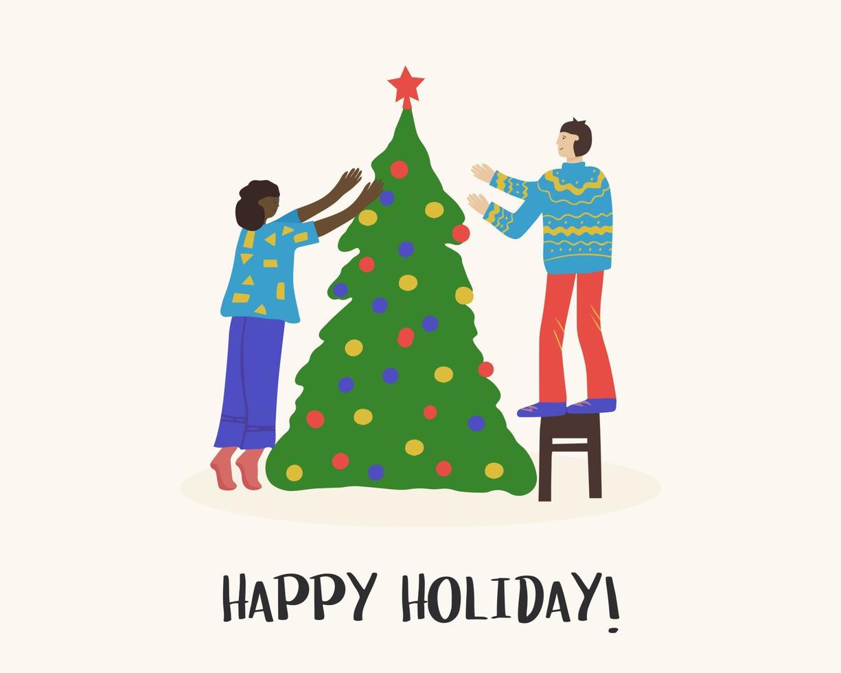 Merry Christmas greeting card. Happy multinational couple decorating a Christmas tree. vector