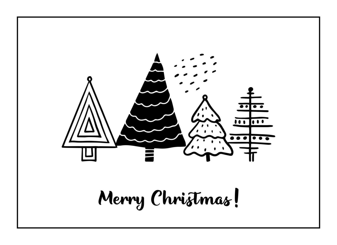 Christmas greeting cards made of handdrawn stylized Christmas trees. Scandinavian style doodle elements. Vector template for a poster or invitation