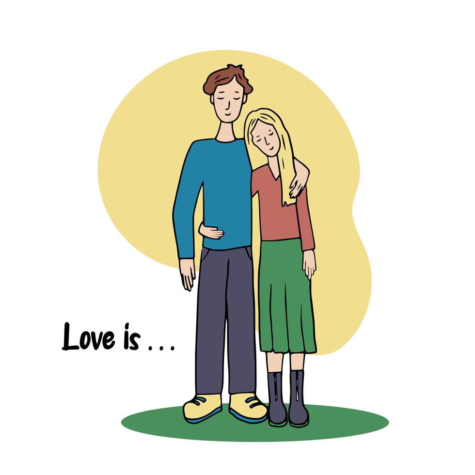 Romantic couple. Cute vector characters. A guy and a girl in love and embracing. A scene of tenderness and display of feelings. Young traditional family. The inscription - love is