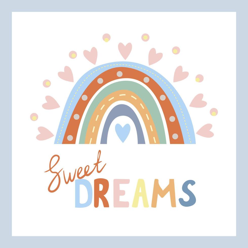 A boho style rainbow with decorative elements. Hand drawn lettering. Minimalist abstract Scandinavian design in pastel colors vector