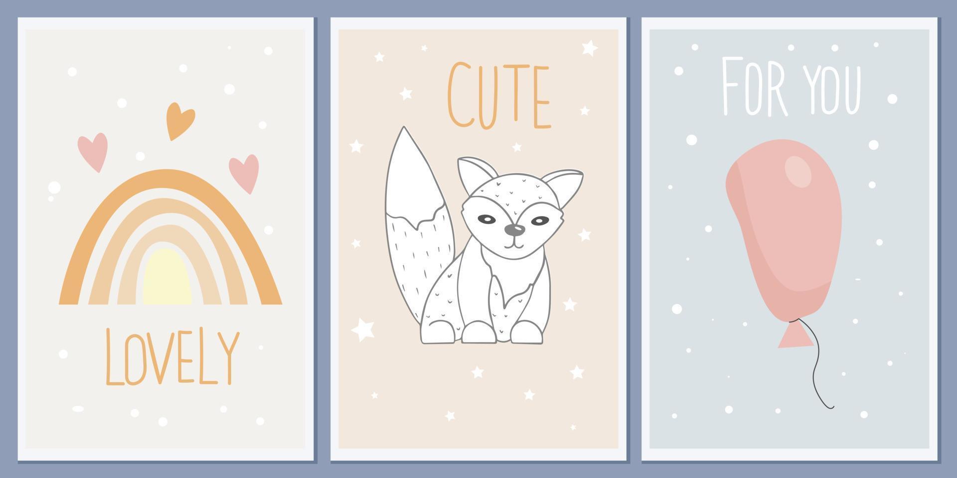 A set of templates for greeting cards and party invitations with animals. Cute fox. Designer vector abstract Scandinavian style greeting posters for wall greetings. line art