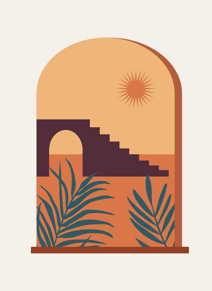 Modern abstract composition. Minimalist boho style poster. Mystic arched window. abstract landscape, sun and palm leaves. terracotta colors. Wall print for home decor vector