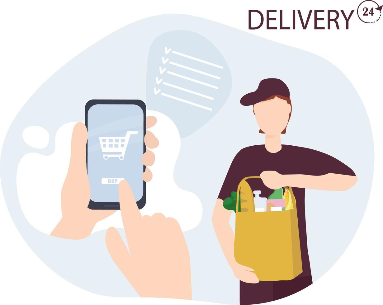 Concept for safe home delivery of products and food from a restaurant. Courier holds package, hands order to customer. Online grocery store, ordering on the Internet vector