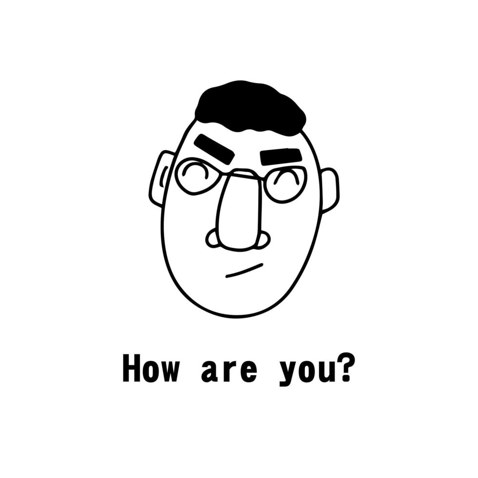 Vector portrait of a male character. Cartoon funny minimalistic man. Contour face doodles with emotion and mood. Avatar for social networks, greeting card. Wall art poster