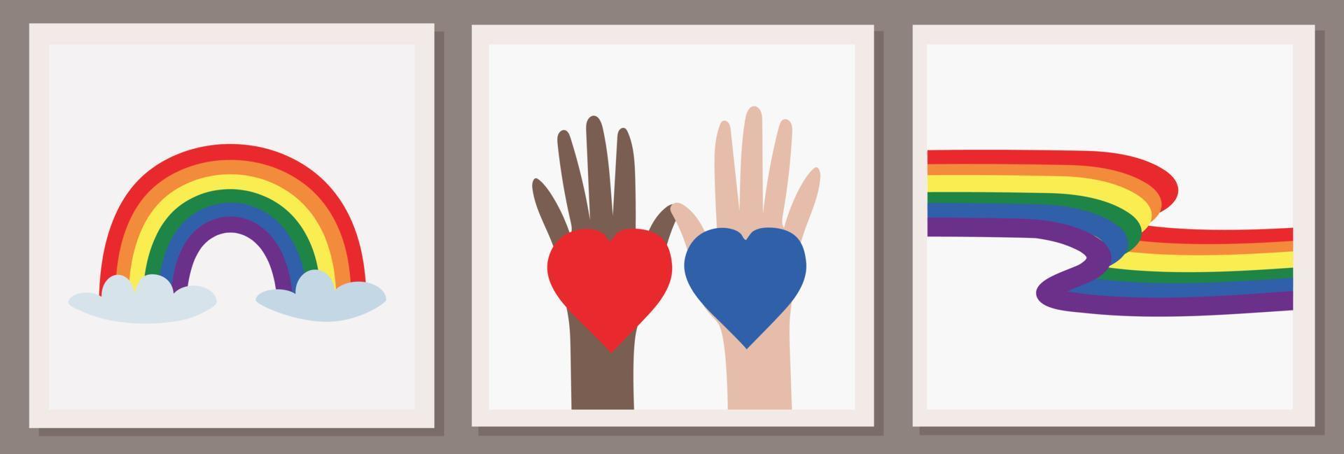 Set of three vector illustrations of LGBT community. Hands of different colors with rainbow hearts and rainbows. LGBTQ symbolism and colors. Human rights and tolerance. Happy Pride Month