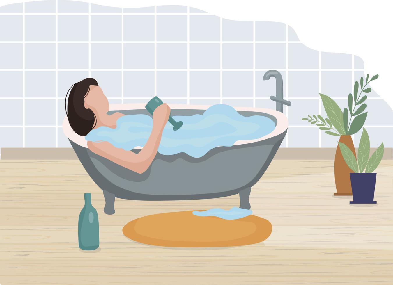 Woman relaxing in the bathroom with a glass of wine. Relaxing after a day of work. vector