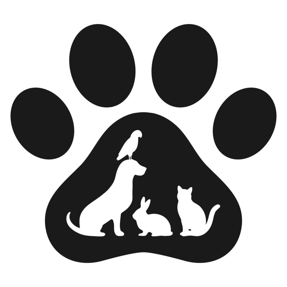 ilustración emblema veterinario siluetas de mascotas en una pata vector