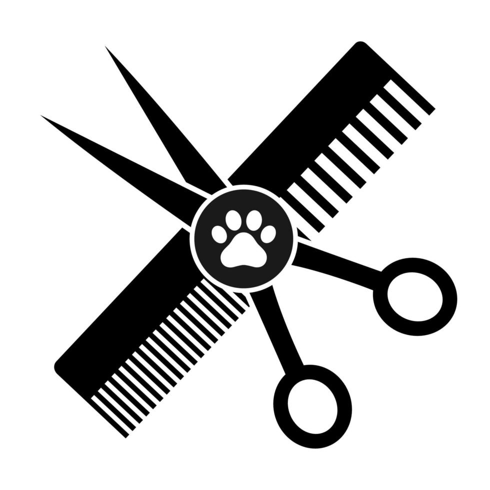 logotipo de aseo de mascotas. peine con tijeras y pata de perro. vector