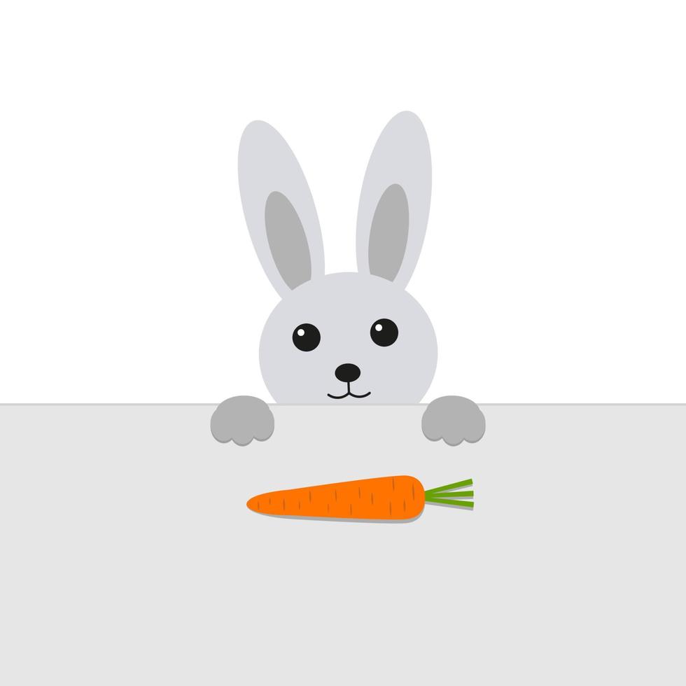 illustration of cute gray rabbit looking at carrots on the table vector