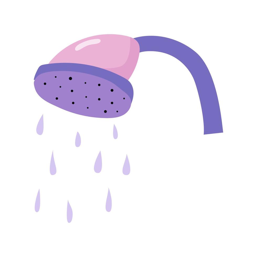 Cute cartoon hand drawn shower head with water drops.  Bathroom appliance isolated on white background. Flat vector illustration.