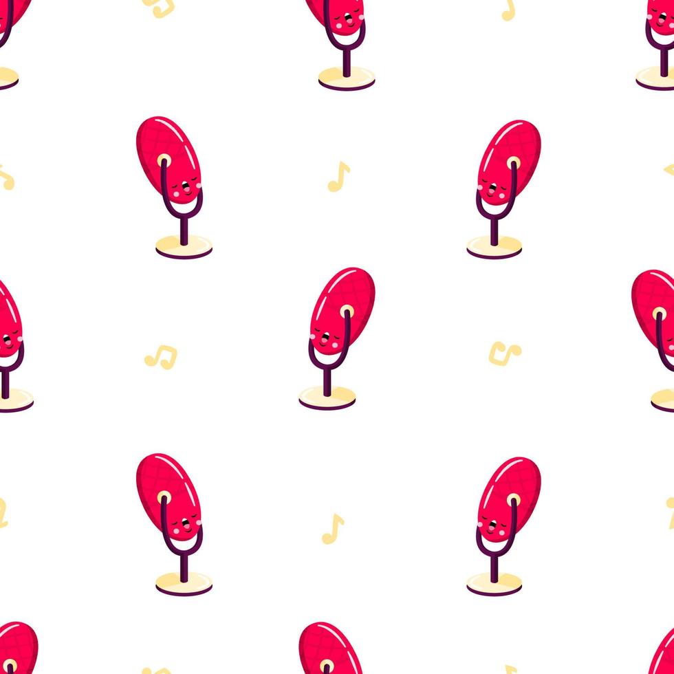 Vector seamless pattern with cute cartoon microphone with funny face. Modern device for podcast, broadcast, audio record.  Background for podcast channel. Flat vector illustration.