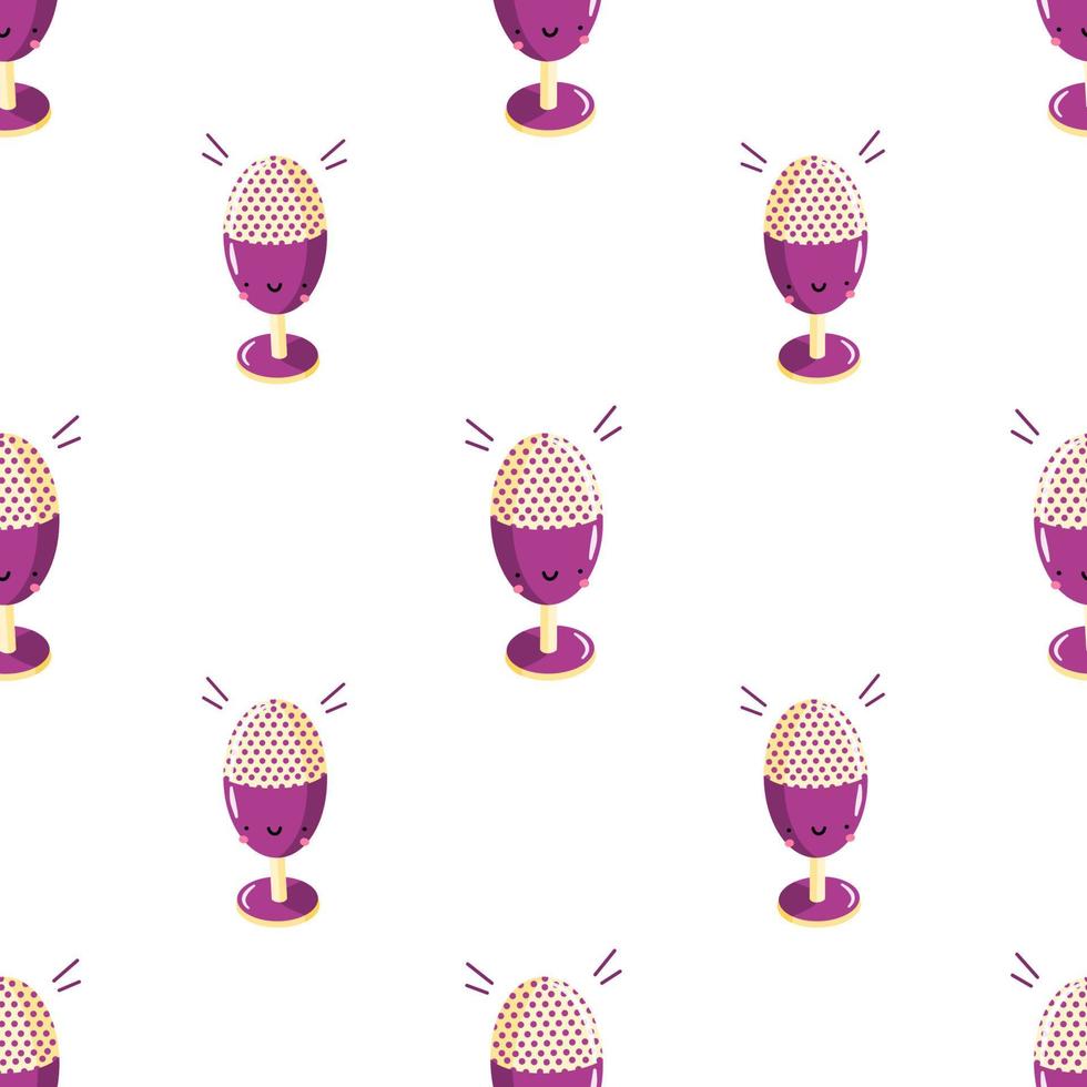 Vector seamless pattern with cute cartoon microphone with funny face. Modern device for podcast, broadcast, audio record.  Background for podcast channel. Flat vector illustration.