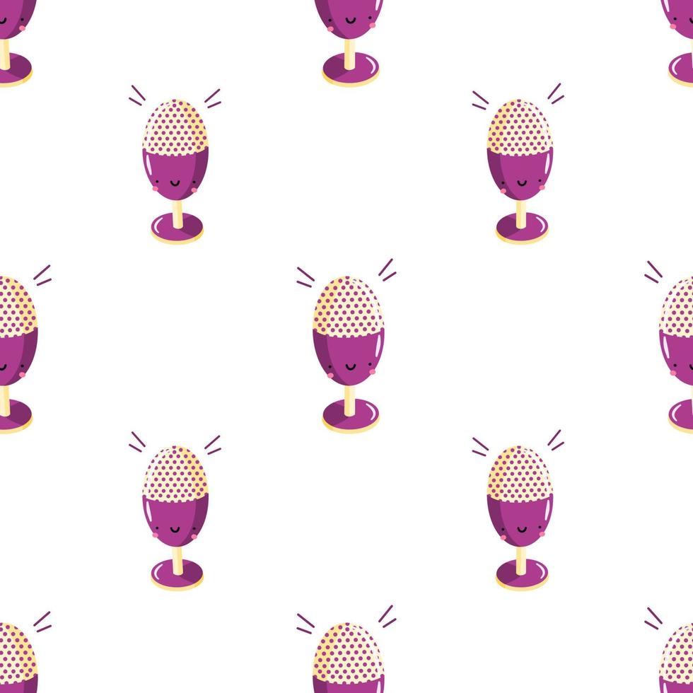 Vector seamless pattern with cute cartoon microphone with funny face. Modern device for podcast, broadcast, audio record.  Background for podcast channel. Flat vector illustration.