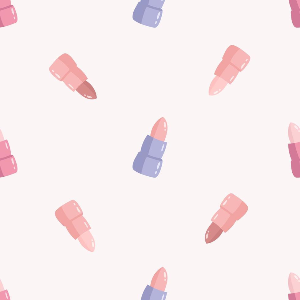 Lipsticks seamless pattern. Cute cartoon beauty products, cosmetic accessories. Flat vector illustration.
