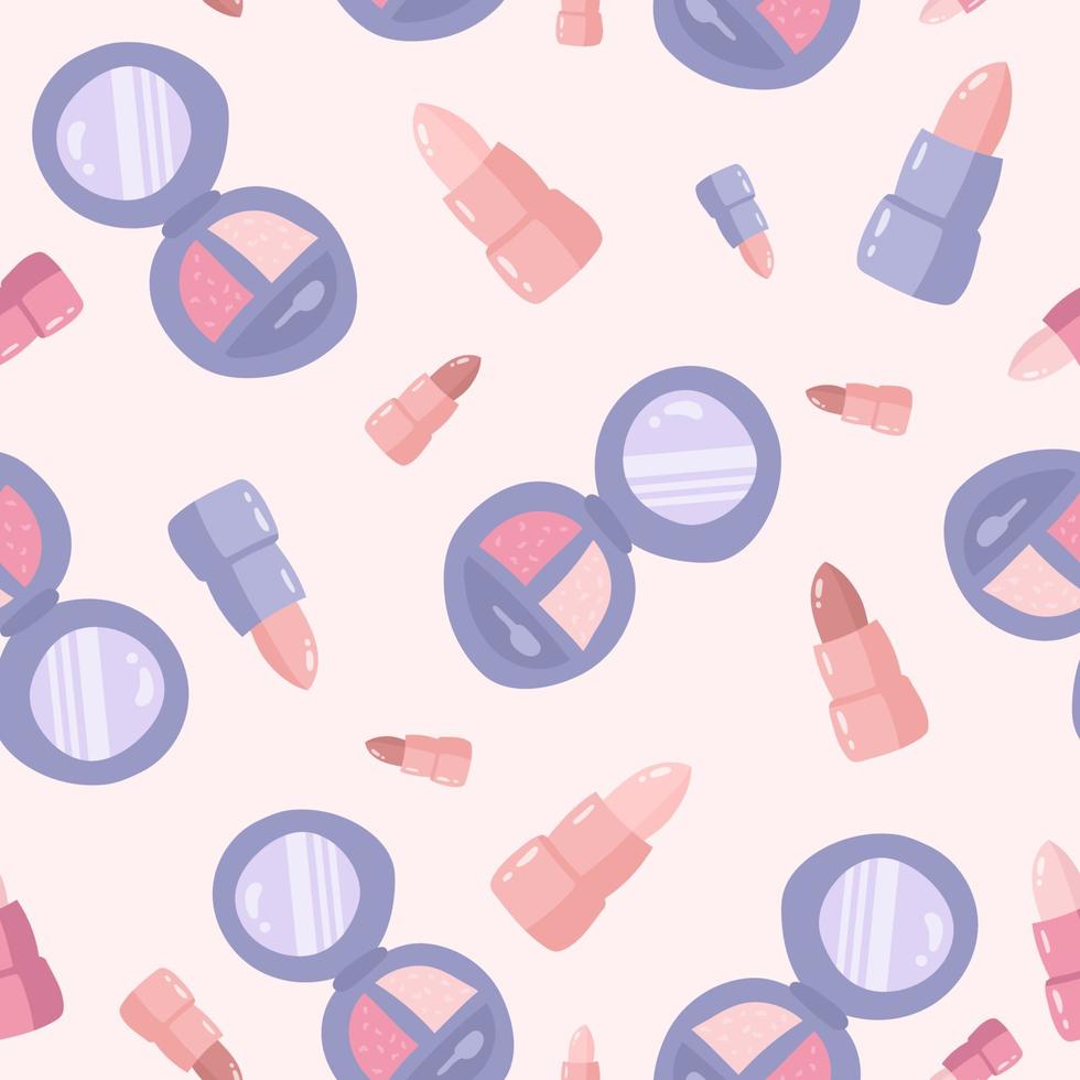 barras de labios y sombras de ojos de patrones sin fisuras. lindos productos de belleza de dibujos animados, accesorios cosméticos. ilustración vectorial plana. vector