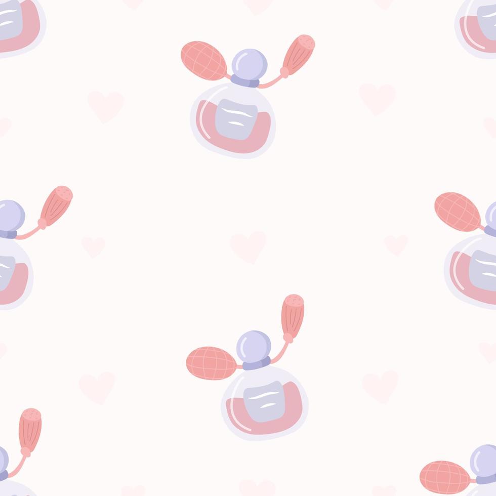 Perfume bottles seamless pattern. Cute cartoon beauty product. Flat vector illustration.