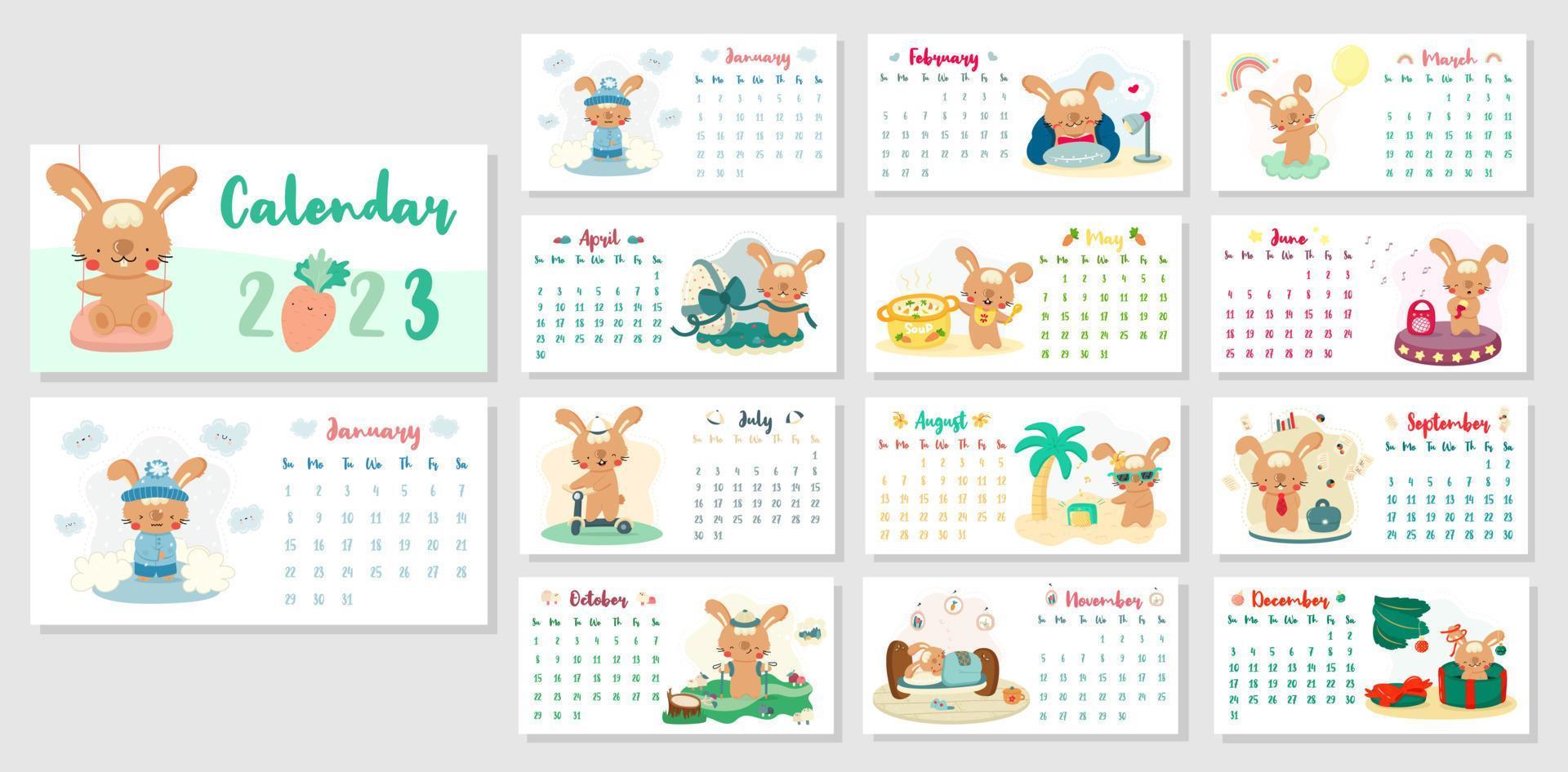 calendario de escritorio horizontal 2023 con lindos conejos de dibujos animados. el año del conejo según el calendario chino. portada y páginas de 12 meses con ilustraciones de temporada. semana comienza el domingo. vector
