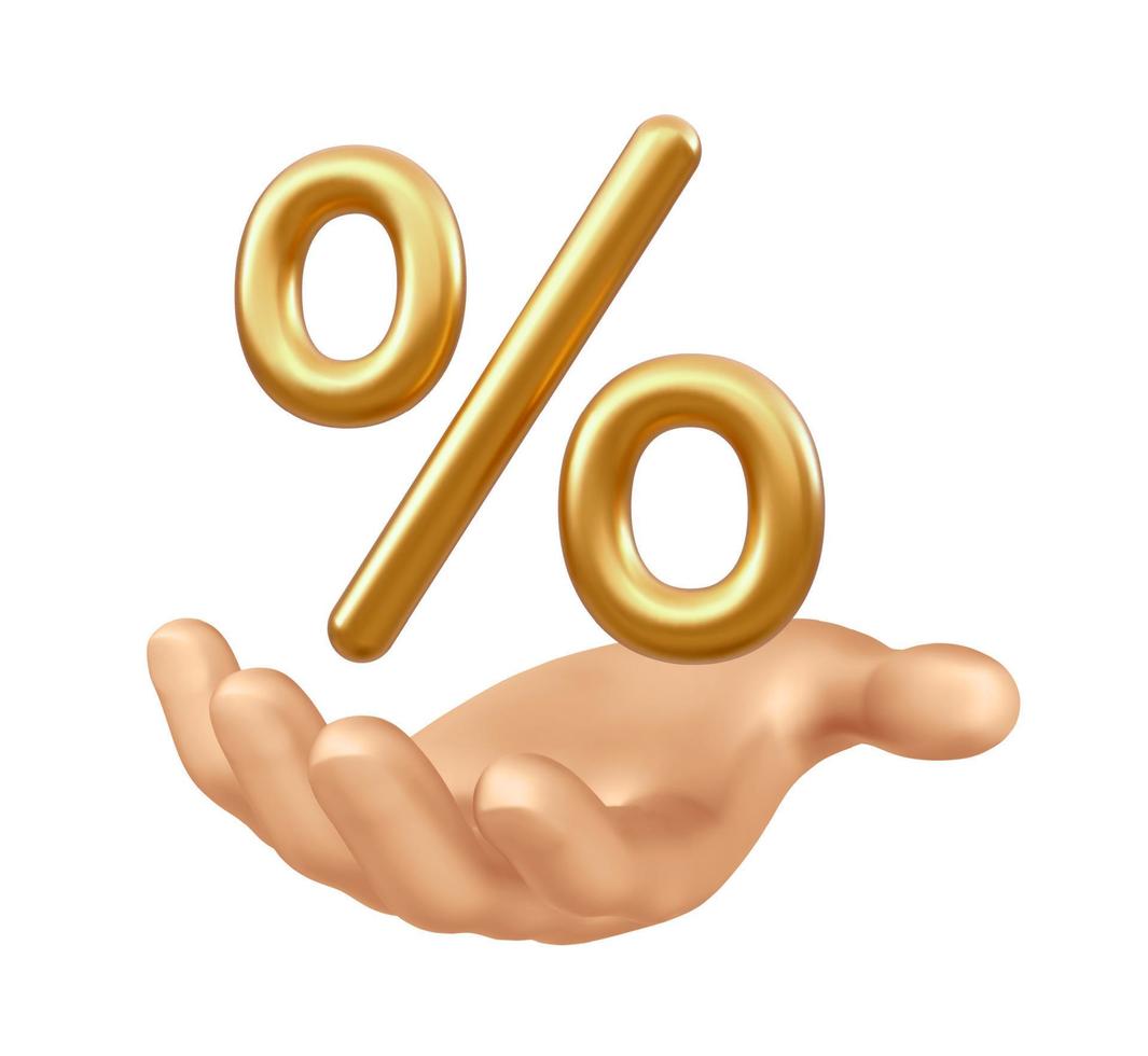 Percentage symbol in hand. Golden percent icon isolated on transparent background. Percentage, discount concept. Realistic 3D vector illustration.