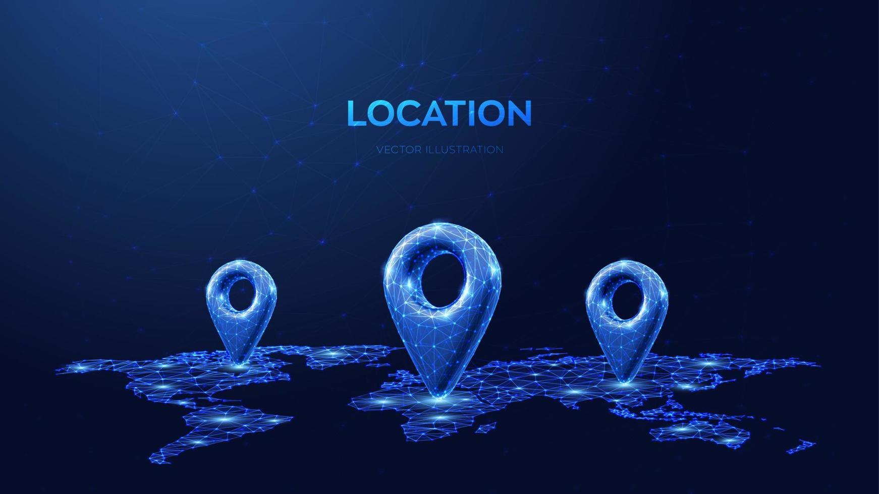 Points of location 3d icon. Navigator pin location checking on world map background. Wireframe gps map marker sign. Low polygonal Navigation pointer global position system symbol. Vector illustration.