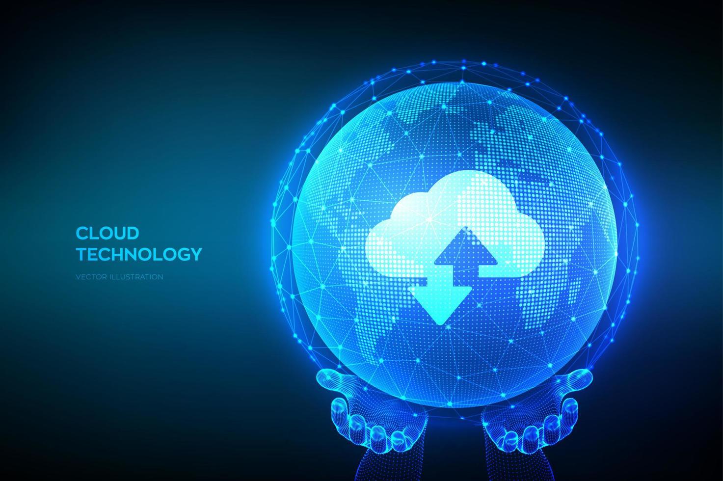 concepto abstracto de tecnología de datos en la nube. icono de almacenamiento en la nube con dos flechas hacia arriba y hacia abajo en el fondo del mapa mundial. servicio de computación en la nube. globo terráqueo en manos de estructura metálica. ilustración vectorial vector