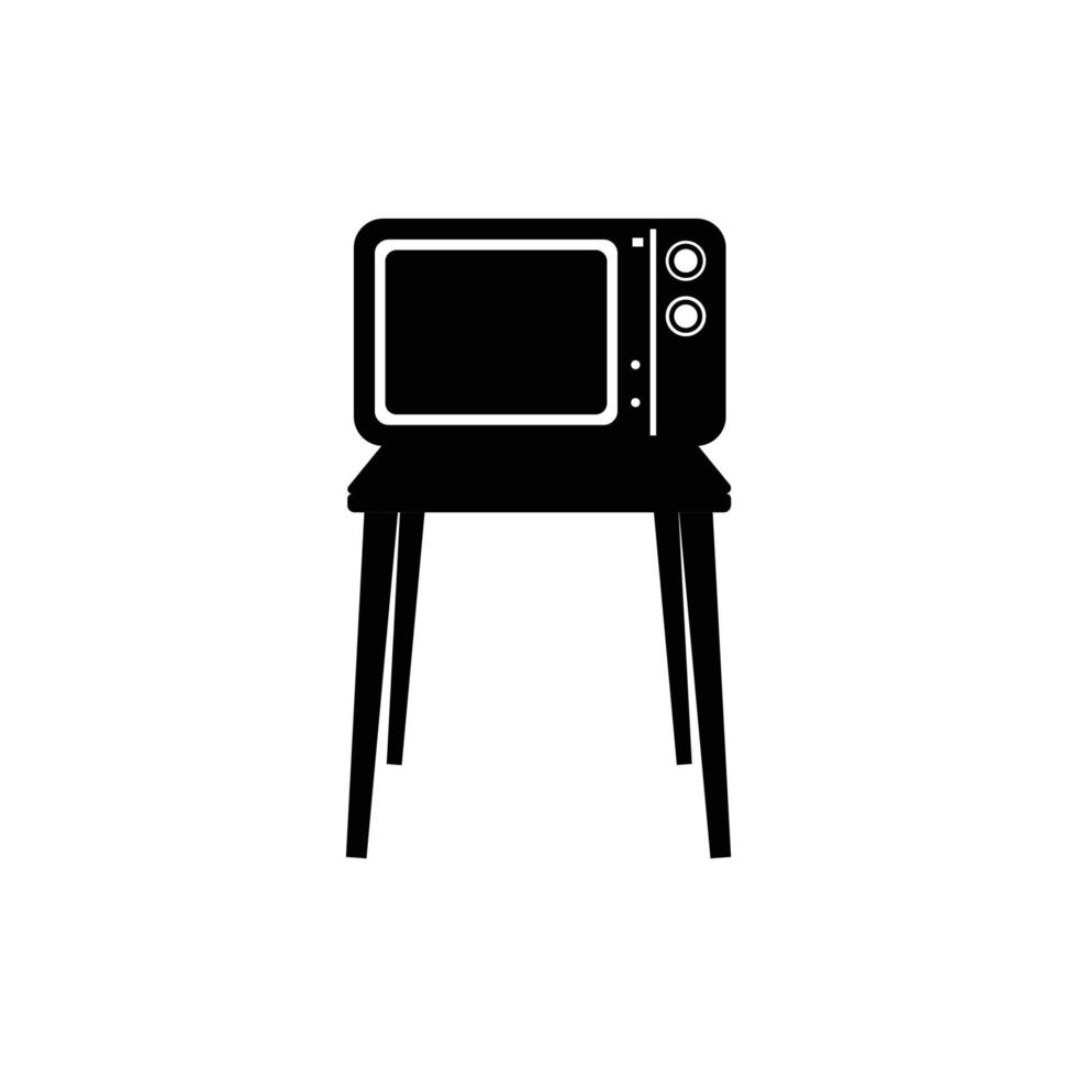 Retro TV on Table Silhouette. Black and White Icon on Isolated White Background Suitable for Logo or Design Element vector