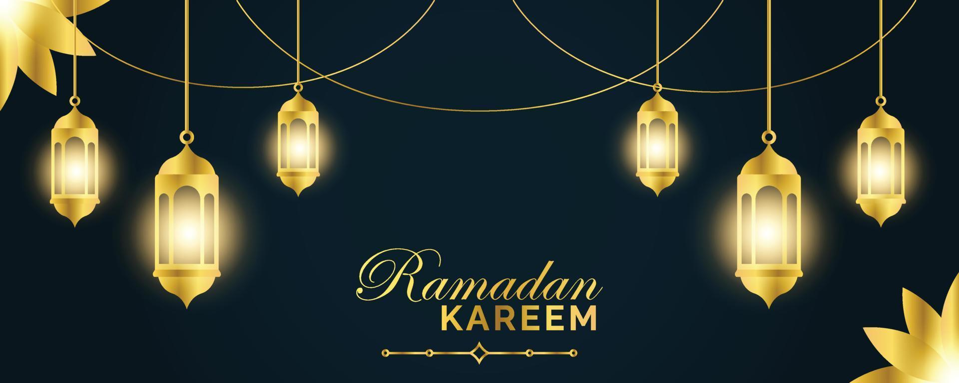 Ramadan Kareem Banner. Ramadan Islamic Holiday Graphic Template with Gold Ornament and Light vector